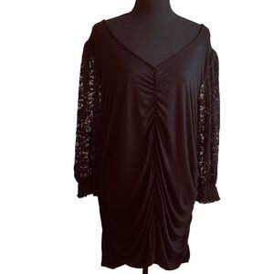 Torrid Super Soft Mini Dress 3X Black Lace V-Neck Ruched Long Sleeve Whimsigoth